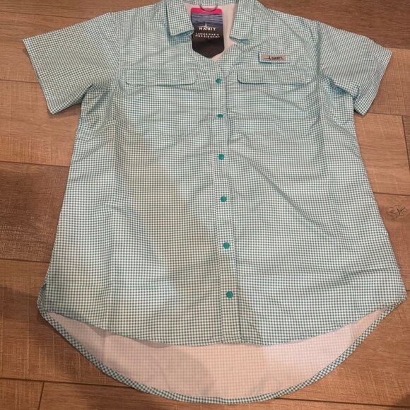 HABIT OUTDOORS WOMENS MEDIUM TURQUOISE PLAID MEDIUM BUTTON SHIRT NEW - Picture 1 of 13